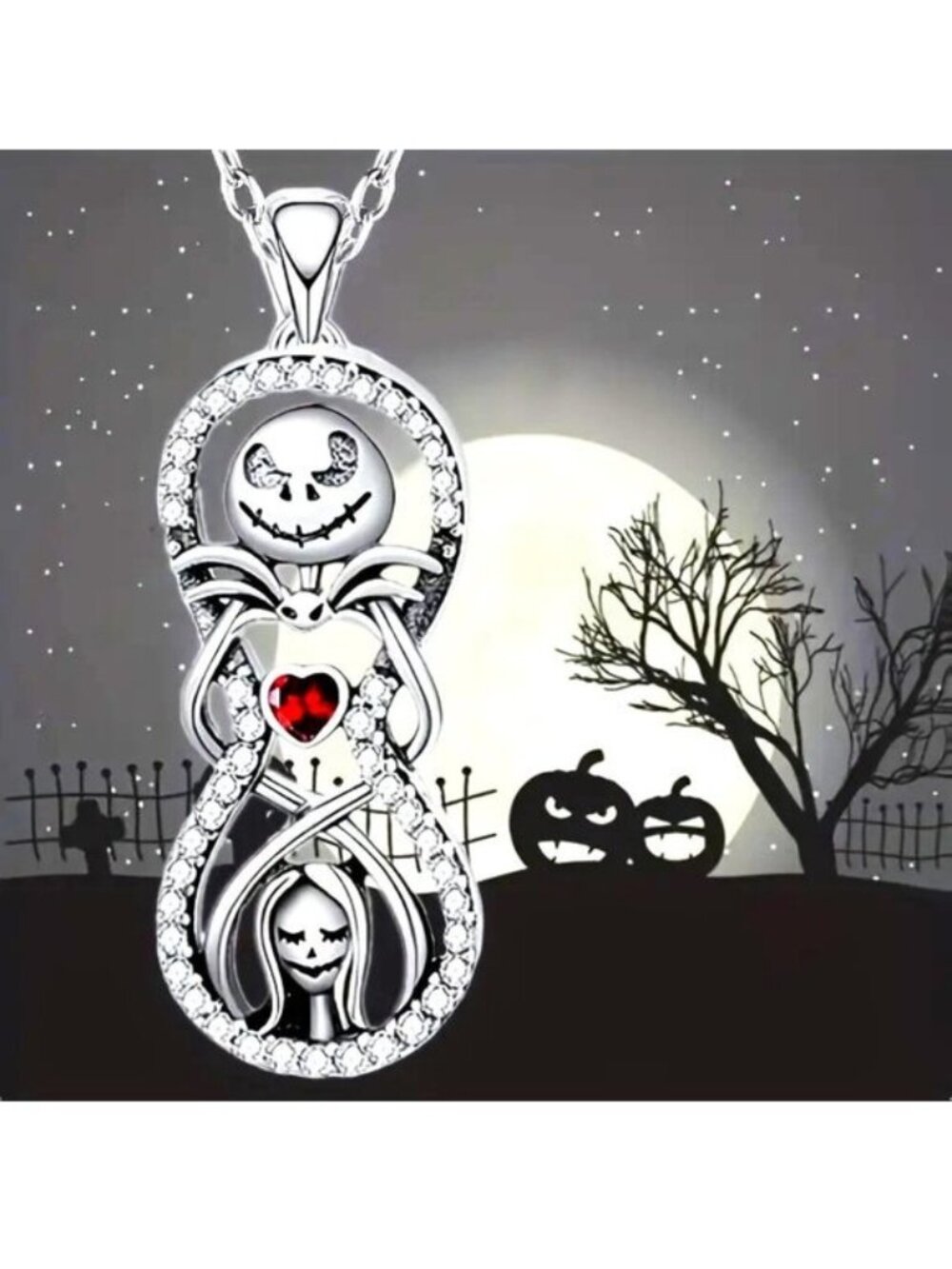 Disney Jack & Sally Necklace Nightmare Before Christmas Rhinestones Crystal Fun